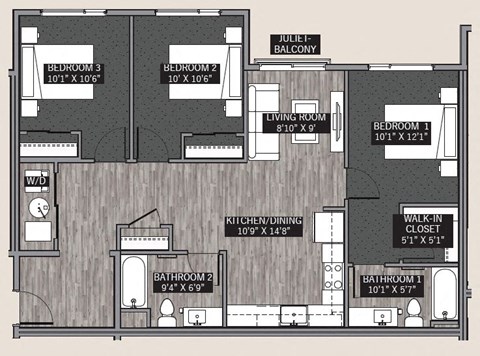Floor plan for 3 beds, 2 baths, 1100 sqft
